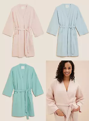 Ex Famous Store Ladies Pure Cotton Waffle Dressing Gown Pink White Blue Green • £15.26