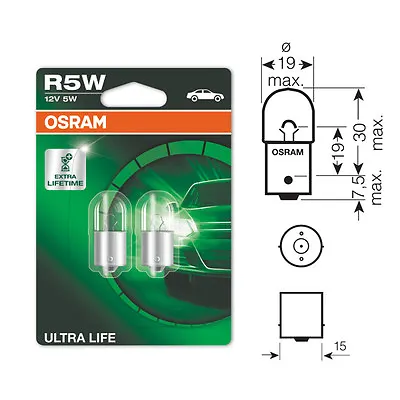 2 X Osram Ultra Life 207 R5W BA15S Rear Tail Light Car Bulb 12v 5w 5007ULT • £3.79