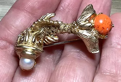 Vintage Hattie Carnegie Fish With Faux Pearl Brooch Pin • $108.80