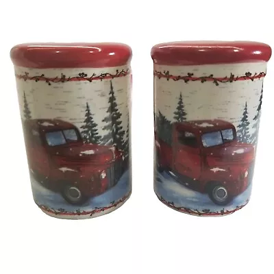 Ceramic Salt And Pepper Shaker Christmas Theme Red Truck Hauling Christmas Tree • $19.45