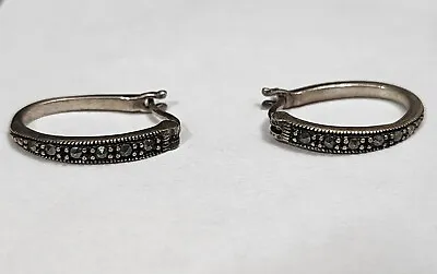 Vintage Marcasite Oblong Hoop 925 Sterling Silver Earrings • $24.99