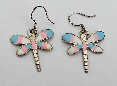 Vintage Mexico Sterling Silver Dragonfly Enamel Blue Pink White Dangle Earrings • $29.99