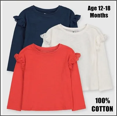 TU Girls Age 12-18 Months 100% Cotton 3 Pack Long Sleeve T-Shirts Red Blue White • £8.99