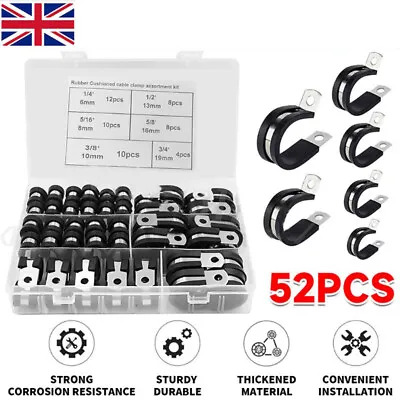 Stainless P-Style Clips Rubber Lined Hose Cable Pipe Clamps Boxed Steel 52Pcs • £12.89