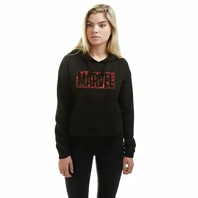 Official Marvel Ladies  Comic Logo Cropped Pullover Hood Black S -XL • £24.99