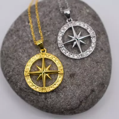 Compass North Star Necklace Pendant Sterling Silver Gold Plated Mens Or Womens • £14.98