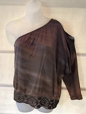 Michelle Jonas Collection Brown Tie Dye Silk Charmeuse One Shoulder Blouse~S~ • $29.97