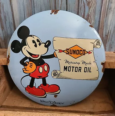 Vintage Sunoco Mercury Motor Oil Mickey Mouse Disney Porcelain Gas Pump 12  Sign • $20.50