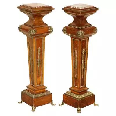 Pair Of Antique Gilt Bronze Mounted Burr Walnut Marble Topped Pedestal Stands • $4911.23