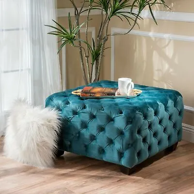 Provence Modern Glam Button Tufted Diamond Stitch Velvet Square Ottoman • $257.10