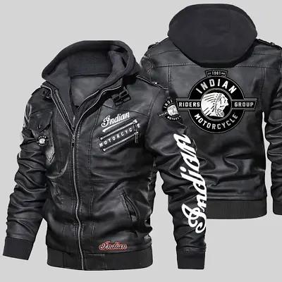 New Men's Indian Motorcycle Hoodie Black Genuine Cowhide Leather Biker Jacket • $48