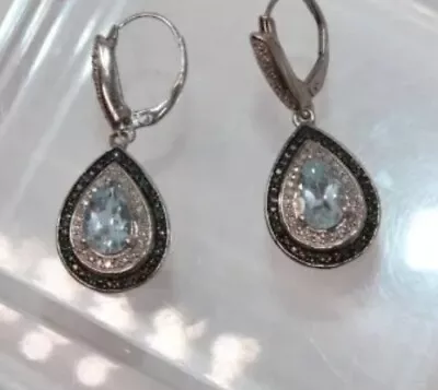 Vintage Sterling Silver Drop / Dangle Earrings Blue Topaz Sapph. Diamond Chips • $65