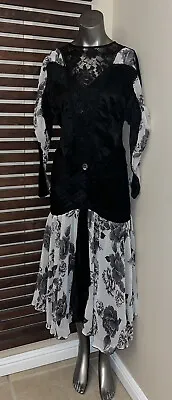 1980s Vintage 1920s Flapper Style Black Velour Lace White Floral Sheer Dress • $50