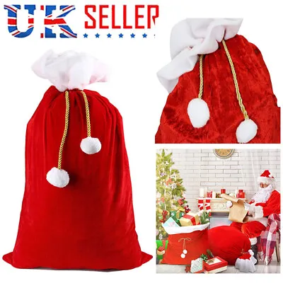 Large Red Santa Sack Father Christmas Drawst Bag Xmas Stocking Party Gift Bags ! • £6.61
