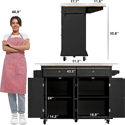 Drop-Leaf Kitchen Island Trolley Cart Wood Storage Cabinet With 2 Drawers & Rack • $246.99