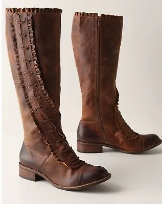Anthropologie Miss Albright Brown Winding Ruffle Boots 8 B Made In Brazil • $198