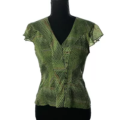 AK ANNE KLIEN Vintage Animal Print Green Silk Blouse Size 6 Petite • $20