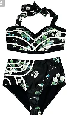 NWOT Modcloth Black Floral 2 Piece Bikini Size L • $38