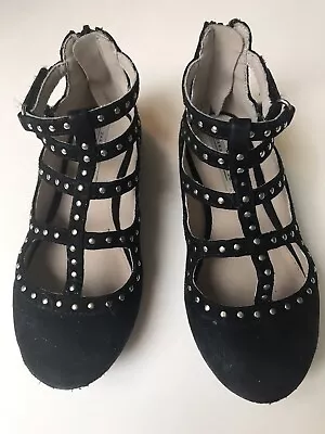 Zara Black Cage Silver Stud Shoes Sandals Flats Girls Size Euro 26 USA Size 9 • $12