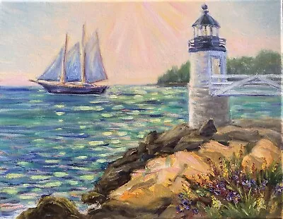 Original Oil Painting Lighthouse And Sailboat / Seascape. 11 X14  Wall Art • $85