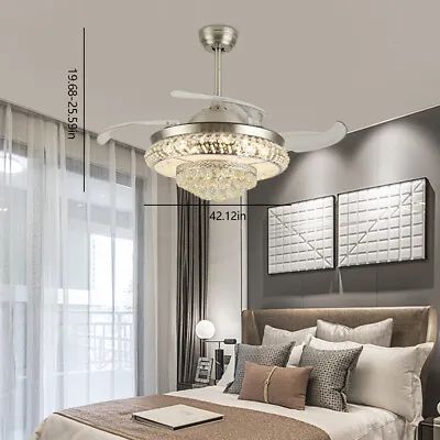 LED Crystal Chandelier Invisible Ceiling Fan Light Retractable Blade+Remote 42in • $109.25