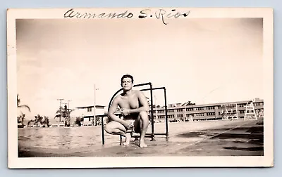 Vintage Photograph Attractive Hispanic Man Poses Shirtless By Swimming Pool • $5.99