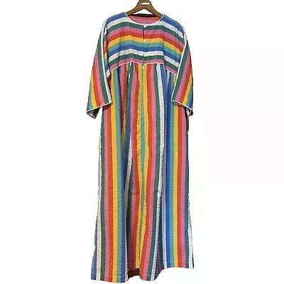 Vtg 70s Miss Elaine Rainbow House Coat M MuuMuu Kaftan Dress Stripe Union USA • $49