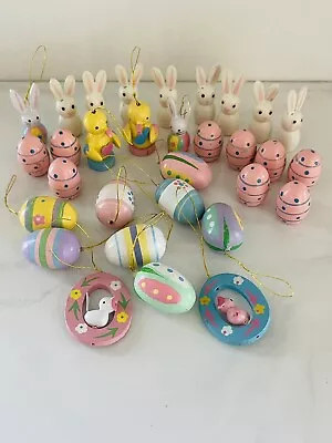 30 Vintage Easter Tree Mini Ornaments Bunnies Eggs Birds Wooden Figurines • $12.99