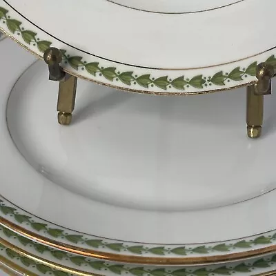 T&V Limoges France Green Leaf Pattern 5 Salad Dessert Plates 7.5 Inch Gold Rim • $48.75