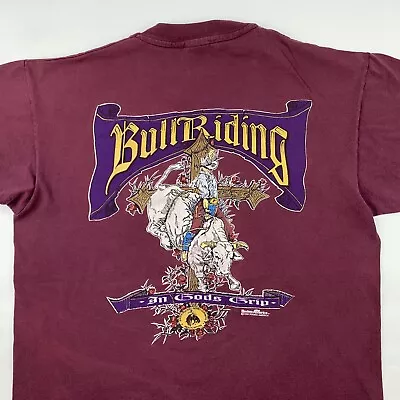 VTG 90s Rodeo America Bull Riding Gods Grip T-Shirt Large 1995 Jesus Religious • $49.88