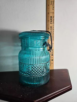 Vintage Avon- Turquoise Blue Glass Canning Jar- Wire Lid Embossed • $11