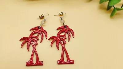 Vintage Earrings Palm Tree Red Enamel Beach Drop Dangle Pierced Retro Metal • $11.99