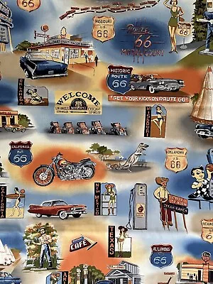 Hoffman ROUTE 66 Colorful Vintage Cars Sign Locations & Images Places Fabric BTY • $13.95