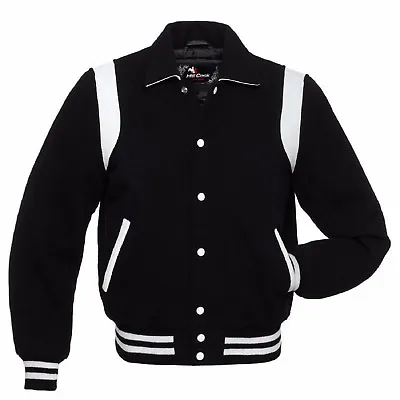 £93 • Buy Solid Black Wool Letterman Varsity Collared Baseball College Retro Jackets/ Rib