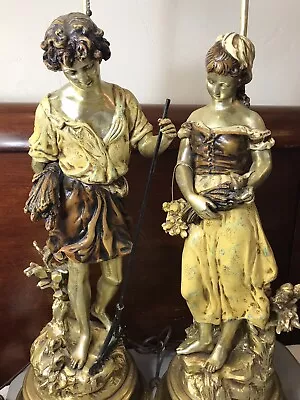 Set L&F Moreau Lamp Figural Golden French Pair Boy Girl Wheat Harvest Peasants • $600