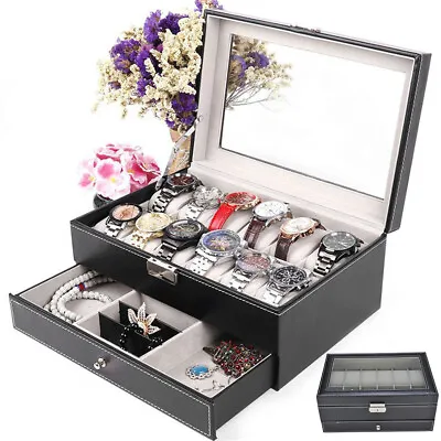 New Jewelry Watch Box 12 Grid Mens Jewelry Display Drawer Tray Glass PU Leather • £18.39