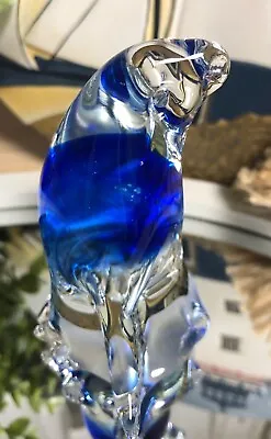 Vtg Murano Art Glass Penguin Figurine Paper Weight 3.5 X3  Clear & Cobalt Blue • $9.60