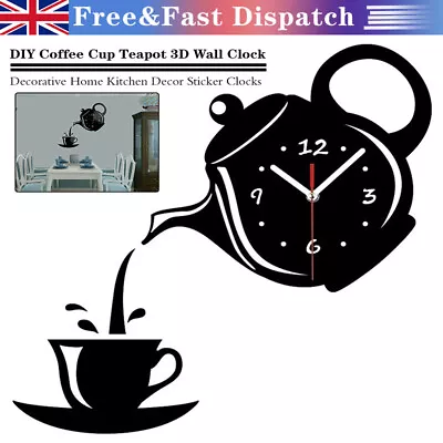 3D Wall Clock Coffee Cup Teapot Bedroom Kitchen Clock Quartz Decor Sticker Clock • £8.03
