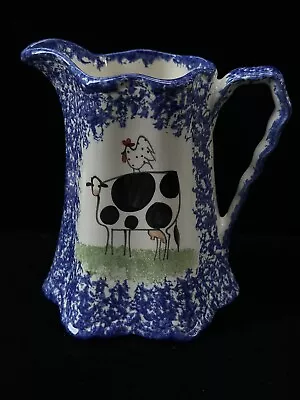 Cow Country Decor Pitcher Molly Dallas Blue Spatterware Ohio 7” Handpainted • $17.50