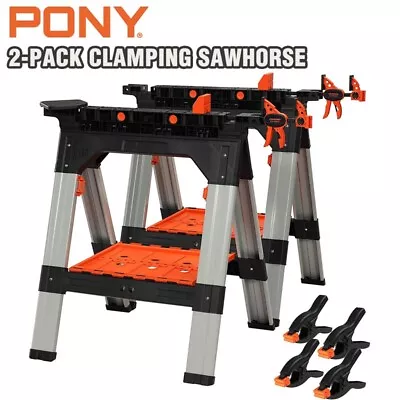 PONY 2-Pack Clamping Sawhorse Bar Clamp Set 30-3/4  Folding Saw Horses Bench Dog • $162.99