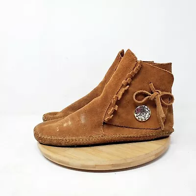 Minnetonka Boots Womens 8 Brown Suede Ankle Button Boho Medieval Softsole Shoes • $29.99