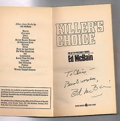 Killer's Choice By Ed McBain Autographed Signed PB Book DEC 2005 Evan Hunter • $146.29