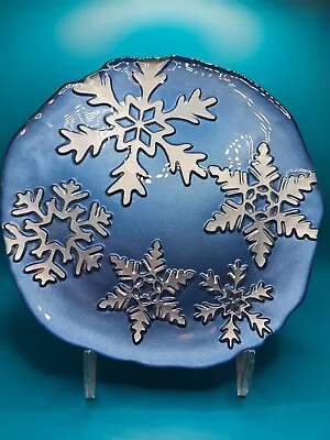 Set Of 2 Snowflake By Vietri Silver Flakes On Blue 8  Salad Plates • $40