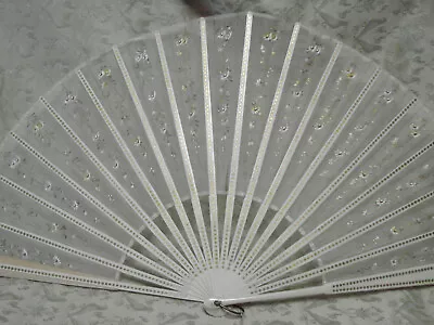 Vintage Hand Fan Ivory SILK Hand Painted Floral 14x26 Floral FC Large Display • $24.99