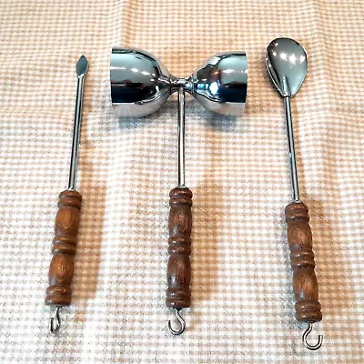 Vintage Cocktail Barware 3 Pc Tool Set Wooden Handles Jigger Spoon Fork JAPAN • $17.90