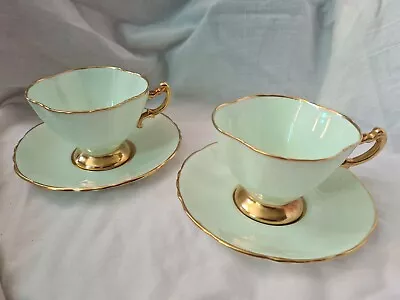 Hammersley Demitasse Fluted Green Gold Footed Cups And Saucers X 2 • £29.99