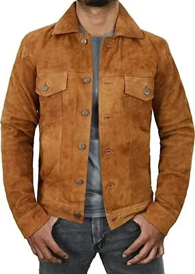 Men's Real Suede Leather Trucker Classic Retro Motorcycle Bomber Brown Jacket • $124.99