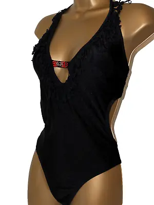 Black South Beach Halter Neck Tassel Fringe Cut Out Swimsuit Size 8 Swimwear • £4.49