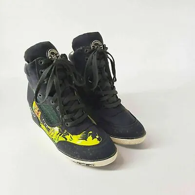 Ed Hardy Wedge Sneakers Women's 9 Tropical Floral Black Yellow Orange Green Y2K • $42.41