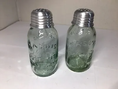 Glass Mason Jar Salt & Pepper Shakers 4  Green Tint Brand New Free Shipping • $16.99